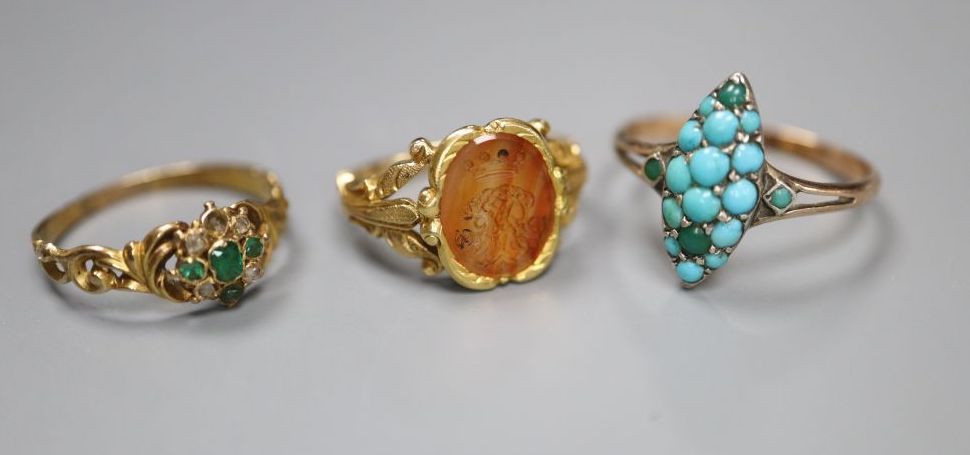 Two Victorian yellow metal rings- carnelian set signet ring and gem set ring, sizes E & H, gross 5 grams & a later ring.